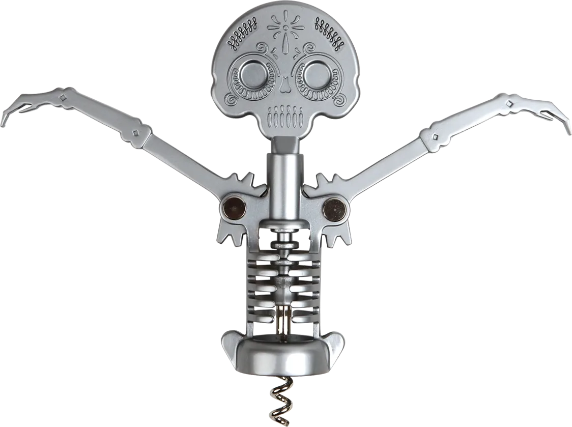 Descorchador con diseño de calavera y brazos abiertos